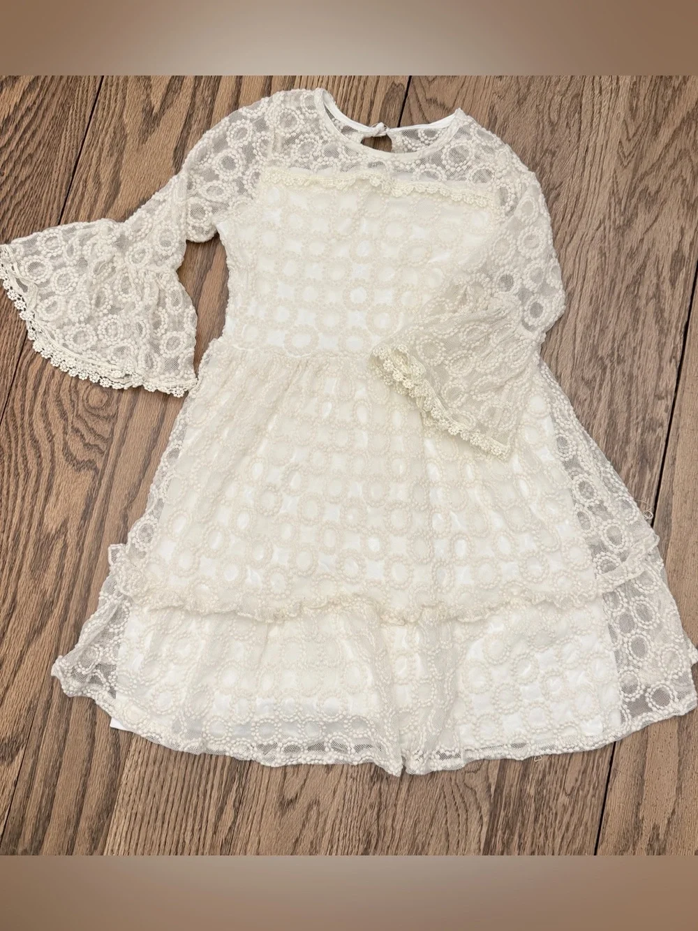 BOHO Coastal Dress with Lace Overlay and Bell  Sleeves Sz 10 CUU